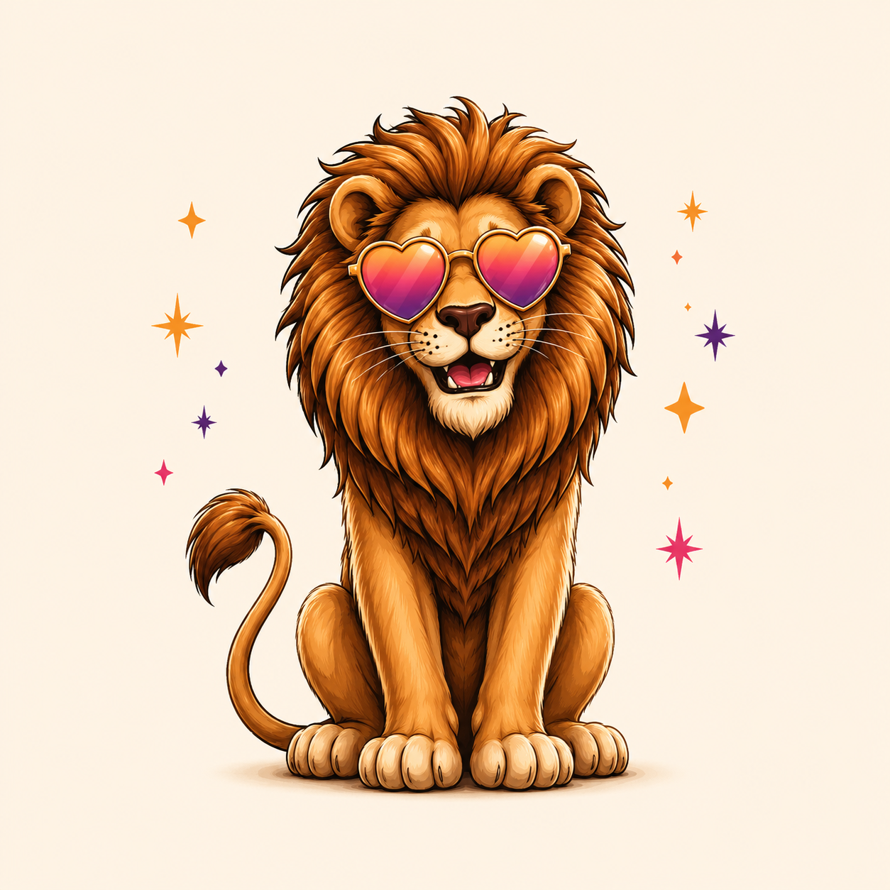 LionSparks mascot — a warm, confident lion with heart-shaped sunglasses